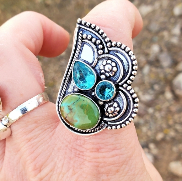 New Chrysocolla & Blue Topaz 925 Silver Ring. - Picture 11 of 16